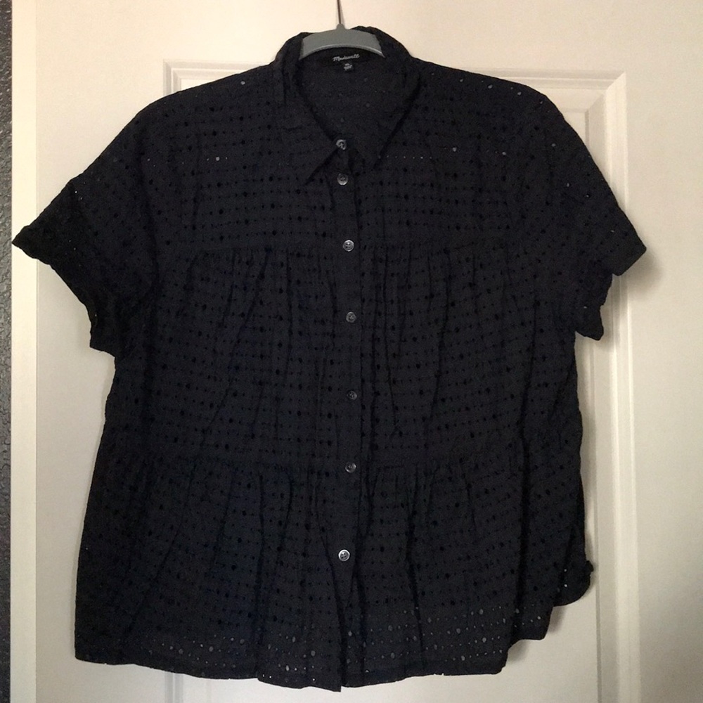 Madewell, navy button down, eye-lit top
